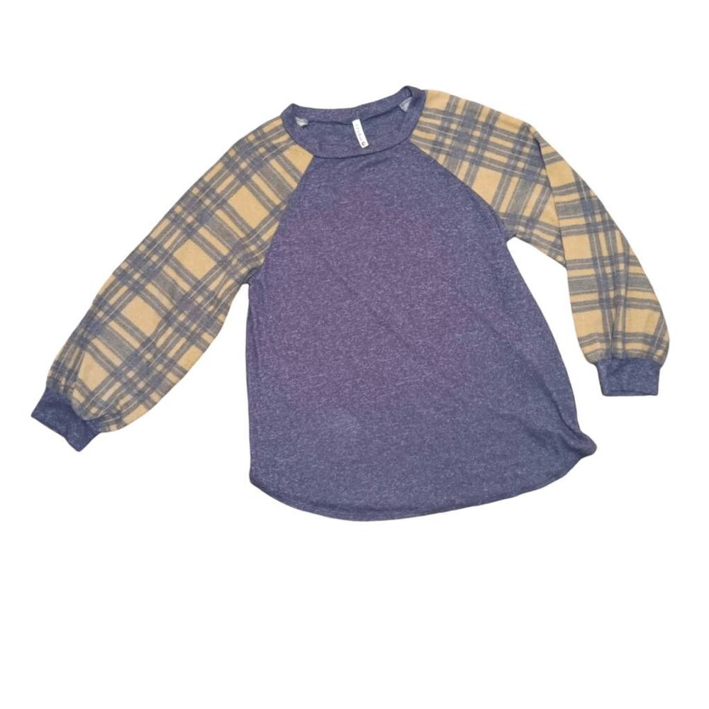 P & Rose Pullover Sweater Gray Yellow Plaid Top Sz L